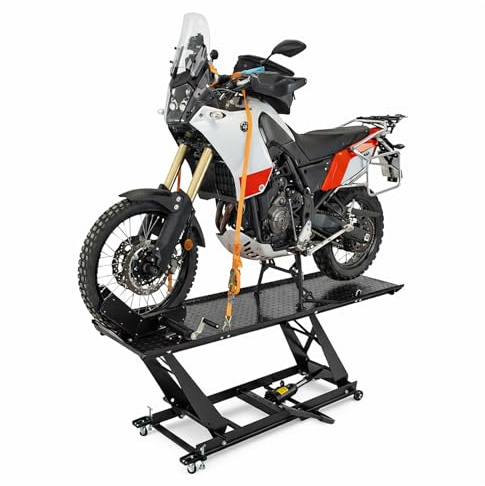 TRUTZHOLM Motorradhebebühne hydraulisch Tragkraft 450 kg Motorradheber Nutzbreite 55 cm Hubbereich 18-84 cm abnehmbare Auffahrrampe 4 Halteösen 45° Vorderradklemmung Parallelheber Hebebühne (Schwarz)
