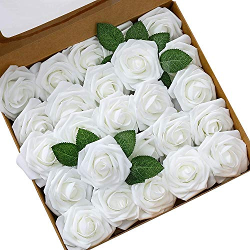 Künstliche Rosen Blumen Schaumrosen Foamrosen Kunstblumen Rosenköpfe Gefälschte Kunstrose Rose DIY Hochzeit Blumensträuße Braut Zuhause Dekoration (25 Stück, Weiß)