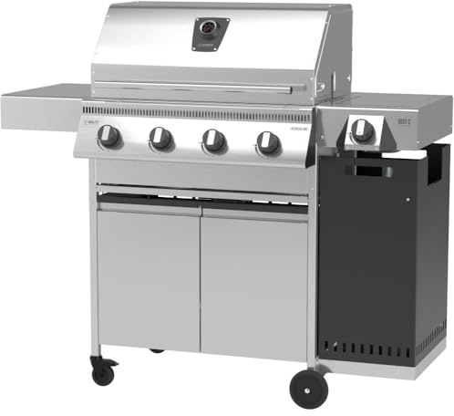 Schickling Gasgrill Hermann XL - Deluxe Edelstahlgrill Grillwagen mit Unterschrank, doppelwandigem Deckel, 4x 5kW Brenner, 800 Grad Seitenbrenner & 4-teiligen Grillrost - Made in Germany