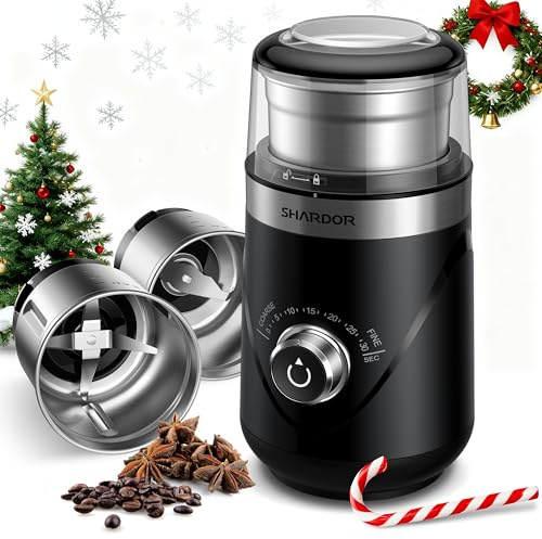 SHARDOR KaffeemüHle Elektrisch Mit 2 Edelstahltassen GewüRzmühle, Automatischer Timer, Coffee Grinder Für Kaffeebohnen, GewüRzen, Getreide, NüSsen Verwendet Werden, 2 * 80 G