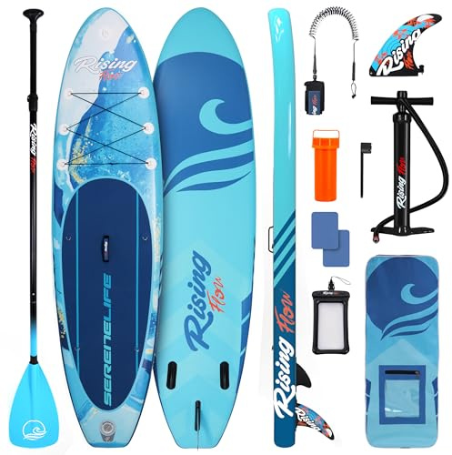 SereneLife Aufblasbares Stand Up Paddle Board (15,2 cm dick) mit Premium SUP Zubehör & Tragetasche | Breiter Stand, Bodenflosse für Paddling, Anti-Rutsch Deck | Jugendliche & Erwachsene Standboot