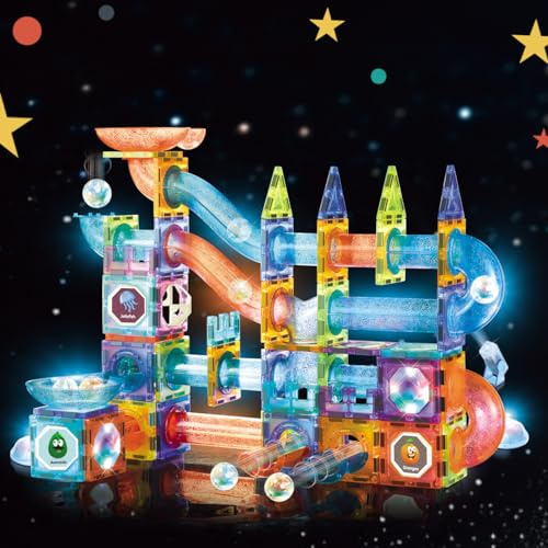 Magnetische Bausteine 144 Teile mit LED-Beleuchtung und Magnetkugelbahn,STEM Montessori-Lernspielzeug für kreatives Bauen,Pädagogisches Kindergeschenk ab 5 Jahren