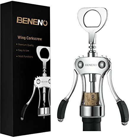 Beneno Weinflaschenöffner, BENENO Zinklegierung Premium Flügelkorkenzieher Weinöffner mit multifunktionalen Korken und Kappen Flaschenöffner, Silber