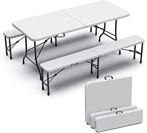 VOUNOT Bierzeltgarnitur Klappbar 3-teilig Set, 1 Biertisch & 2 Bierbänke, Festzeltgarnitur 180 * 75 * 75cm Gartengarnitur Campingset Klapptisch, Weiß