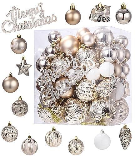LEAZZLE Neue Weihnachtskugeln Weihnachtsdeko 65 Stücke,Box mit Christbaumkugeln Kunststoff,Christbaumschmuck, Weihnachtsdekoration,Party Festival Decor(Champagner Gold)