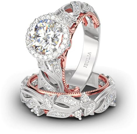 Jeulia 4 Karat Damen Ring 925 Sterling Silber Hochzeitssets Rose gold Rundschliff Halo Verlobungsring Weiß Diamantband CZ Solitaire Jahrestag Verlobungsring