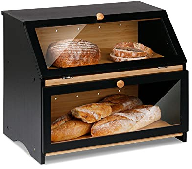 Leader Accessories Bambus Brotkasten 2 Etagen Brotbehälter lebensmittelecht Brotaufbewahrung pflegeleicht 39x25x32cm Schwarz