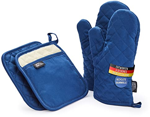 LauterSchutz® Topflappen und Ofenhandschuhe im Set - extra weiche, waschbare & recyclete Baumwolle [Hitzebeständig bis 250°C] Topfhandschuhe zum Kochen & Backen (Blau)