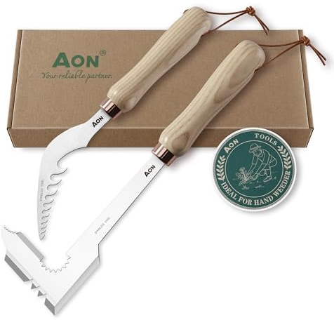 AON 2 x TLG Set Fugenkratzer Unkraut und Löwenzahnstecher, Unkrautstecher, aus wärmebehandeltem Stahl und Eschenholz, Effektives Entfernen von Unkraut und Wurzeln, Gartengeräte Set ideal für Garten