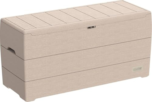 Duramax Cedargrain Durabox 270 Liter/ 71 Gallonen, Kissenbox aus Kunststoff, Organizer für Gartenmöbel, Aufbewahrungsbox aus Kunststoff mit Rädern und Griffen, Patio-Box, Warmes Taupe