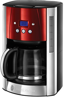 Russell Hobbs Kaffeemaschine [Digitaler Timer, Brausekopf für optimale Extraktion&Aroma] Luna Rot (1 bis 12 Tassen, 1,5l Glaskanne, Warmhalteplatte, 1000W) Filterkaffeemaschine 23240-56