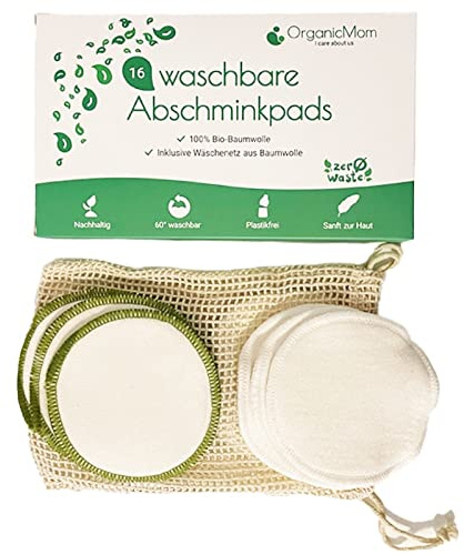 OrganicMom® 16 Abschminkpads aus BIO-Baumwolle waschbar/Wiederverwendbar/Extra groß 11cm / 2 Farben/Saugfähig & Weich/Makeup Entferner Pads/Bio Abschminktücher Gesicht & Hals/Stilleinlagen