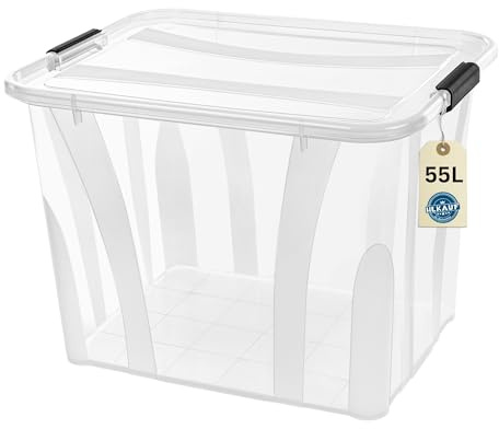 Aufbewahrungsboxen mit Deckel, 7L 14L 21L 32L 55L 80L Plastik Boxen Klickverschluss Stapelboxen 1er/3er Sets Lebensmittelecht Transparent Haushalt & HLKauf-Block (1er 55-Liter & 1x HLKauf-Block)