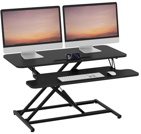 ERGOMAKER Steh-Sitz Schreibtischaufsatz Höhenverstellbar, Stehpult Aufsatz Schreibtisch 91 X 40CM Desktop Erhöhung mit Tastaturablage Für Zwei Monitore,Schwarz