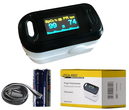 Pulsoximeter Finger Pulsoxymeter Original Tiga Gold 2 Premium mit OLED Anzeige dt. Anleitung zertifizierte Qualität Fingertip Pulsoximeter