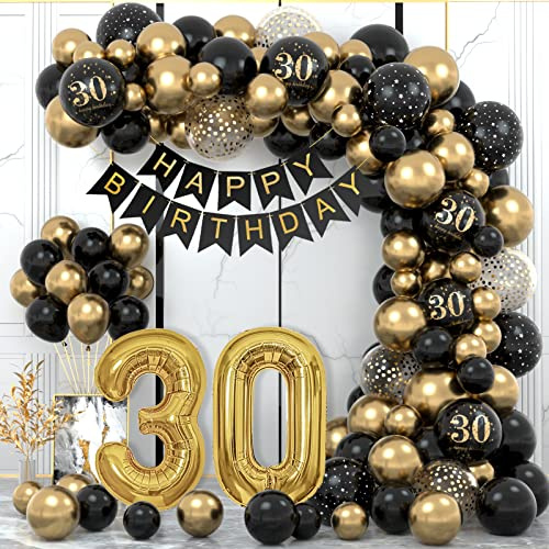 30 Geburtstag Deko, 30. Geburtstag Mann Frauen, 30 Jahr Geburtstagdeko, Happy Birthday Girlande Ballon Schwarz Gold Deko, Deko 30. geburtstag Konfetti Luftballons, Birthday Party Decorations