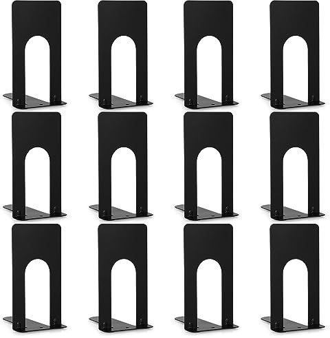 Anhow 6 Paar Buchstütze, Buchstützen Metall Hochwertiges Bücher Halterung Regal für Kinder, Schule, Bibliothek - Schwarz /12 Stück (69 x 100 x 130 mm)
