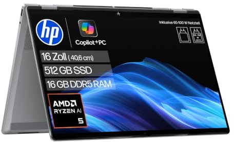 HP OmniBook X Flip, 16 WUXGA, AMD Ryzen AI 5, 16GB RAM, 512GB SSD | Copilot+ Premium 2-in-1 Laptop für Kreativarbeit, Business und flexible Nutzung unterwegs - inkl. Netzteil, QWERTZ, Silber