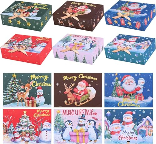 LATERN 12 Stück Weihnachtsboxen Geschenkboxen mit Deckel, 27CM x 20CM x 8CM Kraftpapier Weihnachtsgeschenkbox Schneemann Weihnachtsmann Box mit Gold Schleife für Weihnachtsfeier Geschenk Verpackung