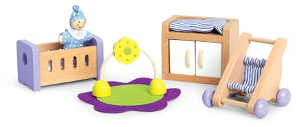 Hape Babyzimmer – Puppenhaus Babyzimmer Set aus Holz, Puppenmöbel für Kinder, Puppenhaus Zubehör für Kleinkinder, Miniatur Kinderzimmer mit Wiege und Zubehör, Rollenspiel ab 3 Jahren