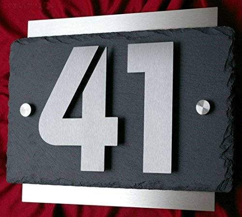 Leskow Metalldesign 3D Hausnummer aus Edelstahl und Schiefer, Individuelles Hausnummernschild, Straßenschild mit Hausnummer, Anthrazit Türschild