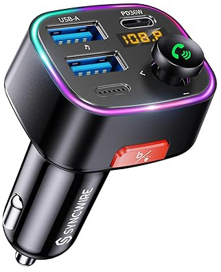 Syncwire FM Transmitter Auto Bluetooth 5.4 48W (PD 36W & 12W) Bluetooth Adapter Auto mit [Lichtschalter] [HiFi-Bass-Sound] [Schnellladen] Freisprecheinrichtung Autoladegerät Zigarettenanzünder