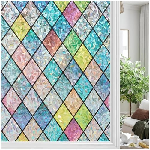 Bectosy Fensterfolie Blickdicht Regenbogen Sichtschutzfolie, Statisch Haftend Fenster Bunt, 3D Regenbogeneffekt Fensterfolie, 44.5 × 200cm ohne Klebstoff UV-Schutz für Wohnzimmer Küche Badezimmer