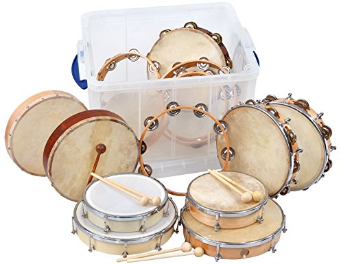 Betzold Musik - Trommel-Set mit 6 Trommeln, 4 Schellenringen und 4 Tamburin, kombiniert mit tollem Klang, Inklusive 1 Paar Holzschlägel, Musik-Unterricht Schule Kinder
