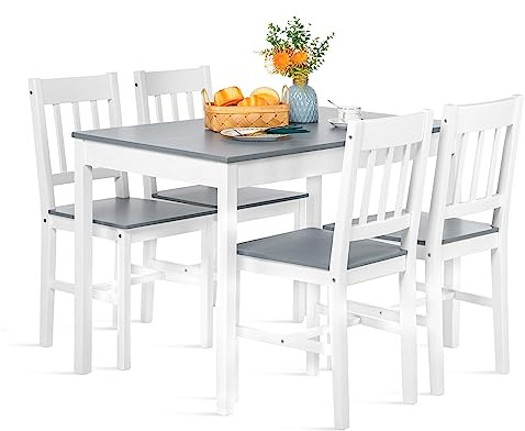 FURNITABLE Esstisch mit 4 Stühlen, Essgruppe Kiefer Holz für Esszimmer, Küche, Wohnzimmer, Grau und Weiß, AAAA01