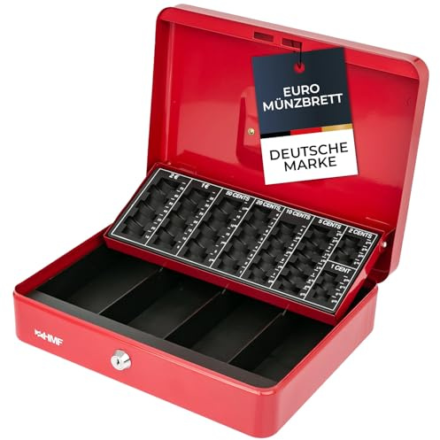 HMF Geldkassette abschließbar, Kasse mit Euro Münzzählbrett, 4 Banknotenfächer | 30,5 x 24 x 9 cm | Rot