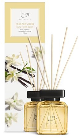 ipuro - Essentials Raumduft SOFT VANILLA 200ml | Raumerfrischer mit Vanille, Sandelholz, Lakritz, Pfirsichblüte & Karamell Duft Aroma | Diffuser mit Stäbchen | Lufterfrischer für die Wohnung