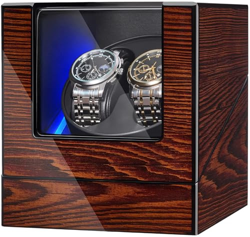 BEWISHOME Automatik Uhrenbeweger, Uhrenbeweger 2 Uhren mit LED-Beleuchtung, Uhrendreher Automatikuhren mit Leisem Motor aus Holz, 4 Modi, Batterie oder USB, braun ESYQ02Y