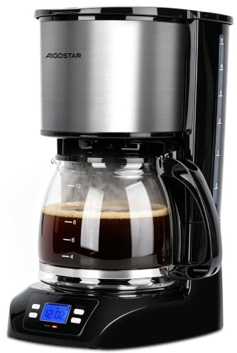 Aigostar Digitale Filterkaffeemaschine Programmierbar 1,5L | Kaffeebrüher 800W aus Edelstahl für bis 12 Tassen, mit 24H Timer, Warmhalteplatte und Tropf-Stopp, BPA-frei Schwarz