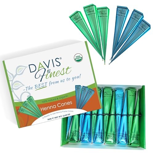 Davis Finest - Natürliche Henna-Kegel - Packung mit 12 x 30 g - 100% Bio und chemikalienfreie Mehndi-Paste - dunkelbraune Farbe - Hautfreundliches gebrauchsfertiges temporäres Tattoo-Körperkunst-Set