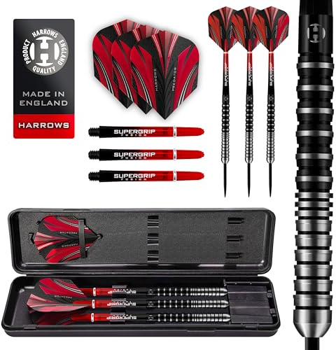 Harrows Predator 90% Wolfram-Dartpfeile in Schwarz und Silber | Darts-Set mit Stahlspitze | 21g, 22g, 23g, 24g, 25g & 26g | Enthält Supergrip Fusion Shafts und 100 Micron Predator Flights (22g)
