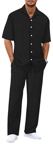 Oanviso Sommer Outfit Herren Zweiteiler Leichter Dünner Freizeitanzug Sommeranzug Regular Fit Freizeit Kurzarm Hemd und Lange Hose Set Strand Kleidung Stoff Jogginganzug