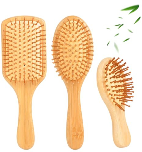 3 Stück Natur-Haarbürste aus Bambus, Nachhaltiger Bambus mit Antistatischer Kopfmassage - Quadratisch, Oval & Mini-Oval Design für trockenes/gewelltes/empfindliches Haar,Damen und Herren
