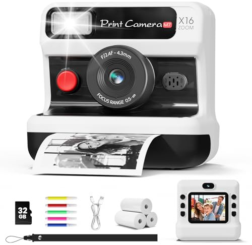 CalineGam Kinderkamera Sofortbildkamera, 1080P HD Sofortbildkamera Kinder mit 32 GB Karte und 3 Papierrollen, Kinderspielzeug mit Zwei Objektiven, Geschenke für Jungen & Mädchen von 3-12 Jahren