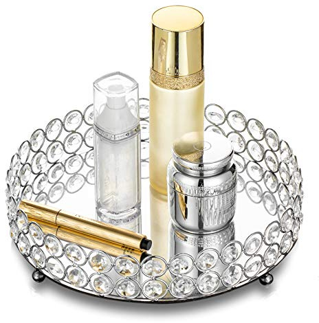 NUPTIO Spiegeltablett Silber, 25cm Dekotablett mit Kristallrand | Achteckiger Rand, Spiegelboden, für Parfüm, Schmuck, Kerzen, Schminktisch, Weihnachten, Hochzeitsfeier, Wohnzimmer Deko