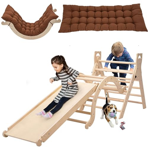 Klettergerüst Indoor Spielzeug ab 1.5 2 3+ Jahr, Montessori Indoor Spielplatz 5 in 1 Kletterdreieck mit Rutsche Kletterbogen mit Kissen Kletterwand, Geschenke Junge Mädchen Klettern Kinder Geburtstag