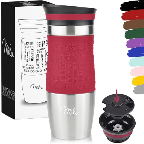 Milu Thermobecher Kaffee to go 370ml, 450ml Isolierbecher Kaffeebecher - 100% Auslaufsicher - Trinkbecher aus Edelstahl - Autobecher doppelwand Isolierung - Travel Mug (Rot, 370ml)