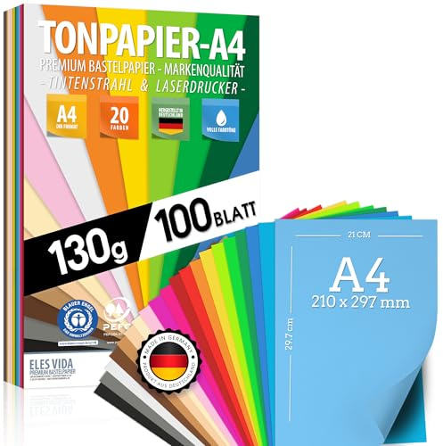 100 Blatt TONPAPIER - Buntes Papier DIN A4-130g/m² Set 20 Farben – Stabil Bastelpapier & Farbige Blätter, Kinder & DIY Bogen, Zubehör zum Basteln - BLAUER ENGEL & PEFC zertifiziert