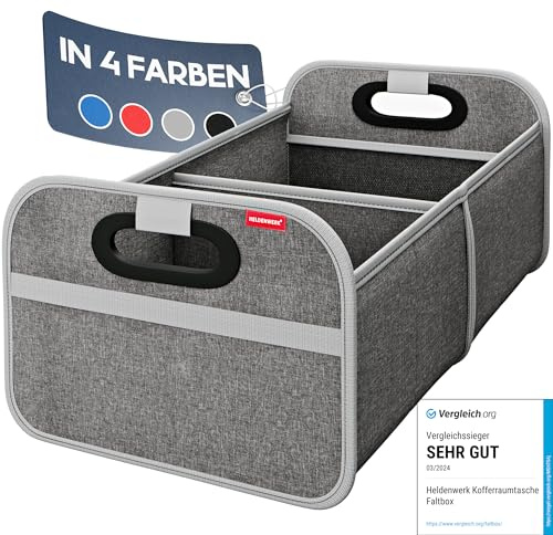 HELDENWERK® Kofferraumtasche Auto faltbar mit Anti-Rutsch-Klett stabil | Autotasche Kofferraum-Organizer, Lebensmittelecht, Pflegeleicht, Abriebfest, verstärkte Wände, gepolsterter Griff