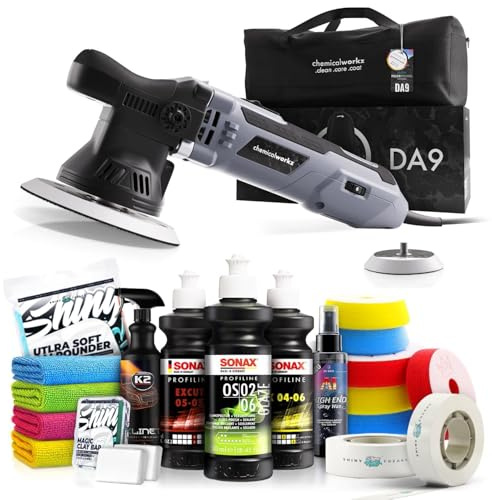 Poliermaschinen Set: chemicalworkz DA9 Exzenter Poliermaschine + Sonax Politur Set + Royal Pads Premium Polierpads + Dr. Wack Versiegelung für Lack + Zubehör | 20-teilig
