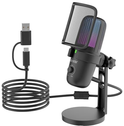 KO-Star USB Mikrofon mit RGB-Beleuchtung für PC & Smartphone – Kondensator-Mikrofon mit Stummschalter, Gain-Regler, Popkiller & Schwingungsdämpfer – Ideal für Streaming, Podcast & Aufnahmen