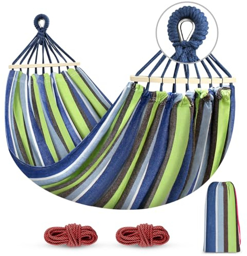 Hängematte Outdoor Baumwolle mit gebogener Holzstange, Befestigungsgurte und Tragetasche für Indoor, Garten, Balkon, Terrasse, Camping