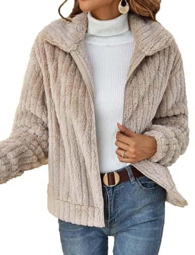 HUXRAKV Mantel Damen Herbst Winterjacke damen Warme PlüSchjacke Wintermantel ReißVerschluss Einfarbig Pelzmantel mit Taschen Revers Jacke