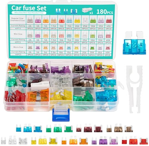 180 pcs Kfz Sicherungen Set, Auto Sicherungen Set, Micro sicherungen Auto, Mini Flachsicherungen, Standard, 1 Sicherungszieher-für PKW/Motorrad/Wohnmobil(2A-40A）