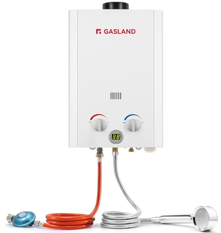 GASLAND BE264 Gas Durchlauferhitzer Propangas 10 Liter Camping Durchlauferhitzer Gastherme 50mbar Campingdusche Warmwasser mit Überhitzungsschutz für Wohnmobil Hütte Scheune
