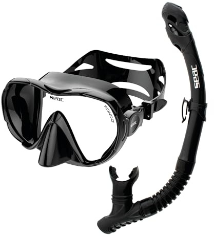 SEAC Set Bis Rondò Dry - Schnorchelset für Erwachsene mit rahmenloser Einzellinsenmaske aus gehärtetem Glas und Dry Top Schnorchel mit Ausblasventil und ergonomischem Silikonmundstück
